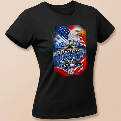 Patriotic T-shirt featuring an eagle and military aircraft with Retired USAF LT. COL. text — printed on a women's shirt
