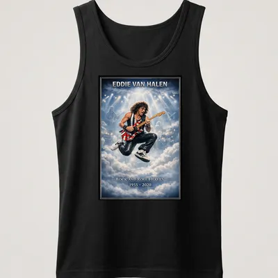 Vintage concert poster tribute shirt for Eddie Van Halen in blue, white, red, and black — printed on a tank top
