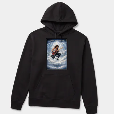 Vintage concert poster tribute shirt for Eddie Van Halen in blue, white, red, and black — printed on a unisex hoodie