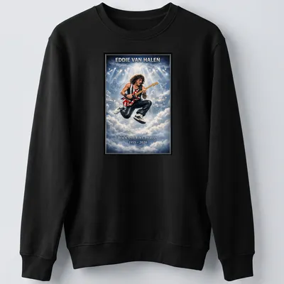 Vintage concert poster tribute shirt for Eddie Van Halen in blue, white, red, and black — printed on a unisex sweatshirt
