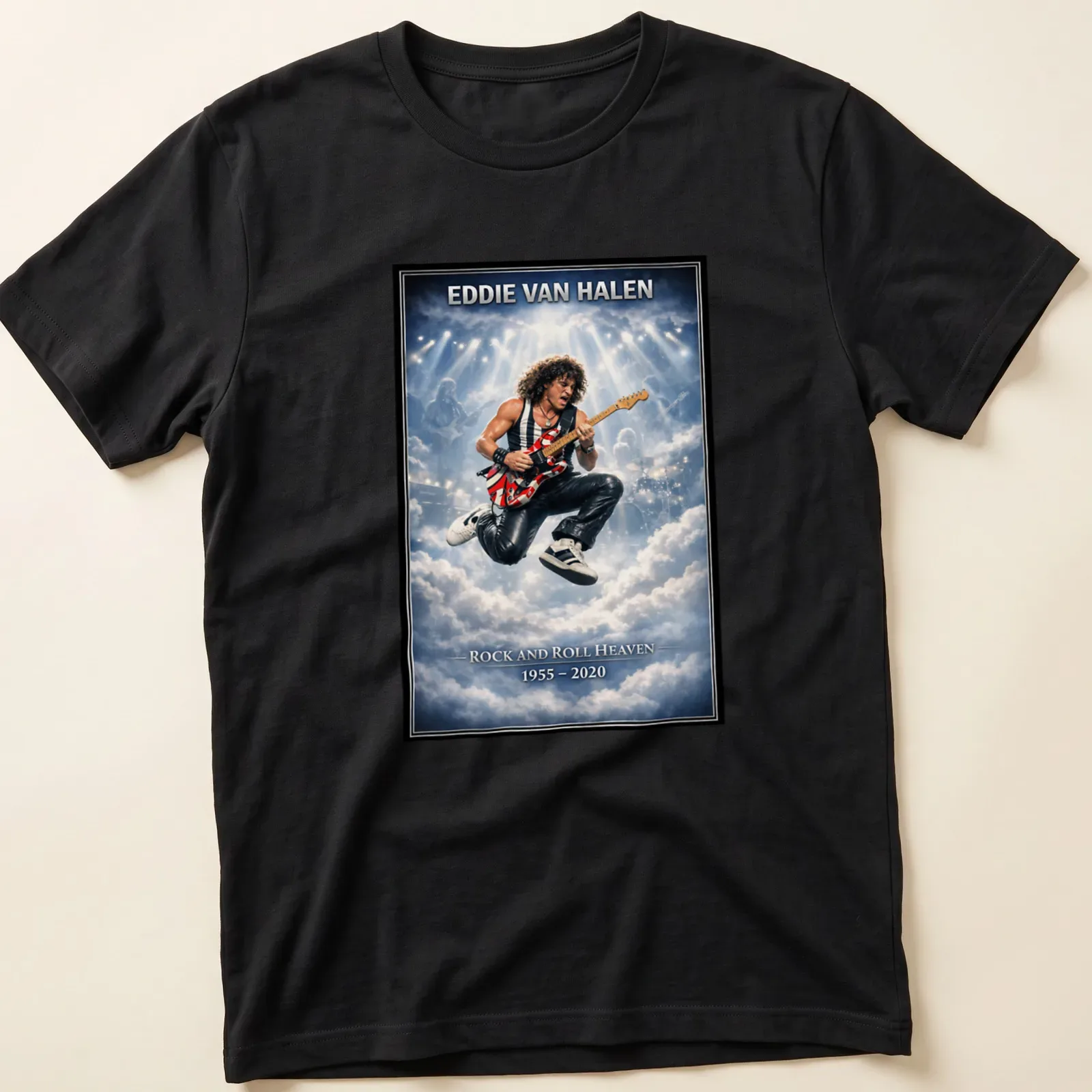 Vintage concert poster tribute shirt for Eddie Van Halen in blue, white, red, and black — printed on a unisex t-shirt