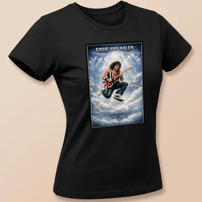 Vintage concert poster tribute shirt for Eddie Van Halen in blue, white, red, and black — printed on a women's shirt