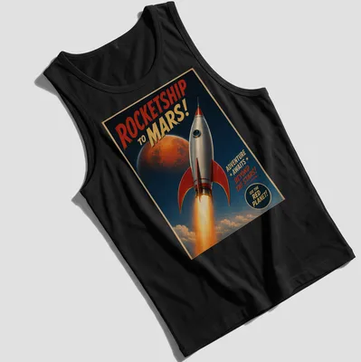 Retro rocketship adventure t-shirt with space exploration theme and vibrant colors. — printed on a tank top