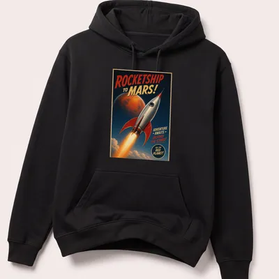 Retro rocketship adventure t-shirt with space exploration theme and vibrant colors. — printed on a unisex hoodie