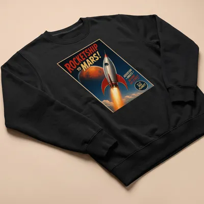 Retro rocketship adventure t-shirt with space exploration theme and vibrant colors. — printed on a unisex sweatshirt