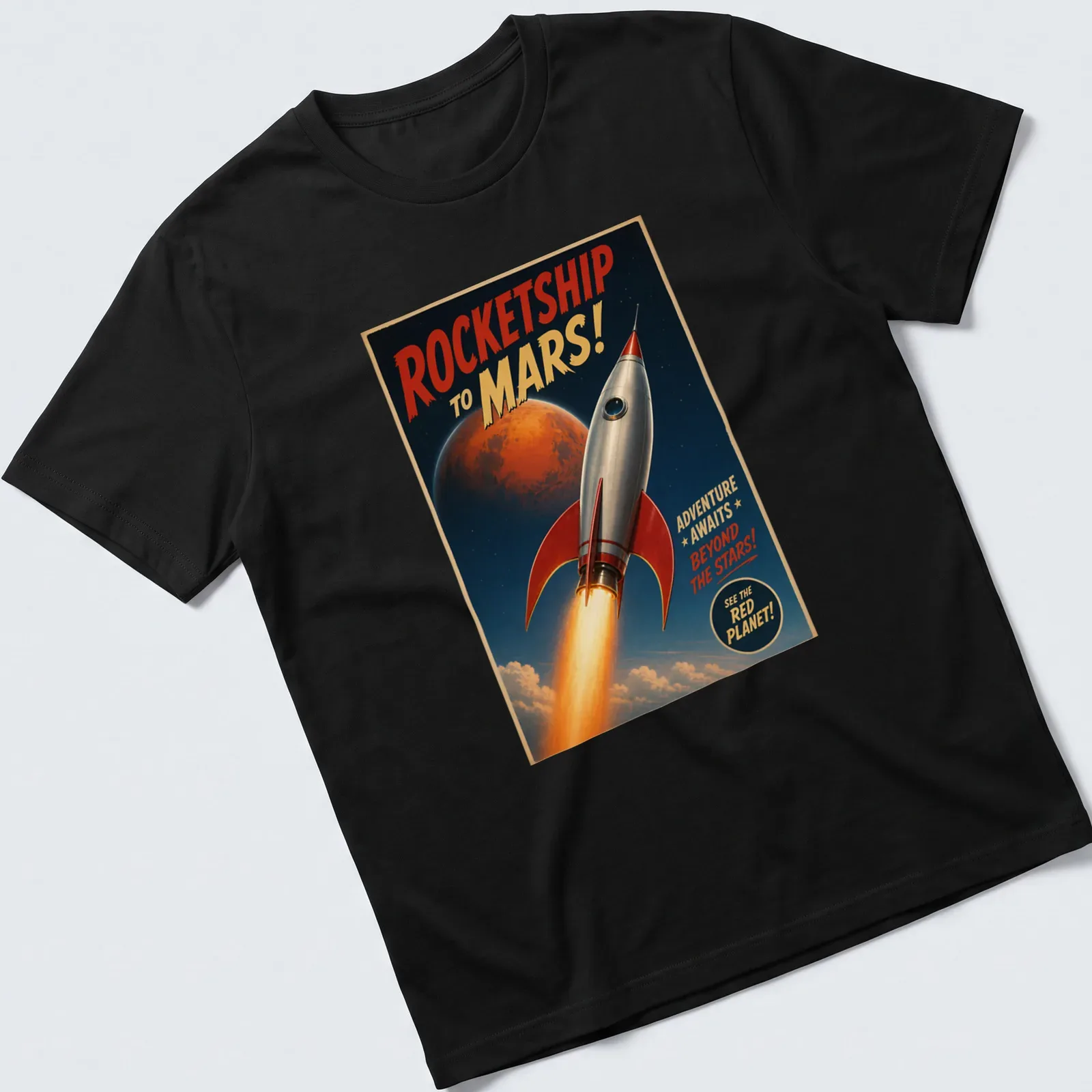 Retro rocketship adventure t-shirt with space exploration theme and vibrant colors. — printed on a unisex t-shirt