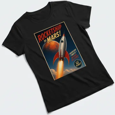 Retro rocketship adventure t-shirt with space exploration theme and vibrant colors. — printed on a women's shirt