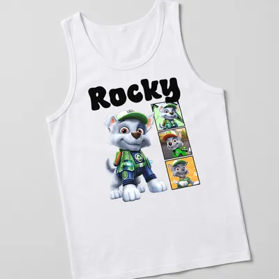 Cartoon design of Rocky from Paw Patrol in gray, green, blue, and orange — printed on a tank top