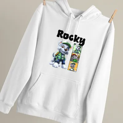 Cartoon design of Rocky from Paw Patrol in gray, green, blue, and orange — printed on a unisex hoodie