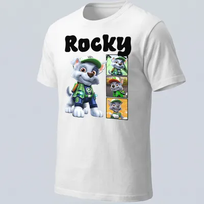 Cartoon design of Rocky from Paw Patrol in gray, green, blue, and orange