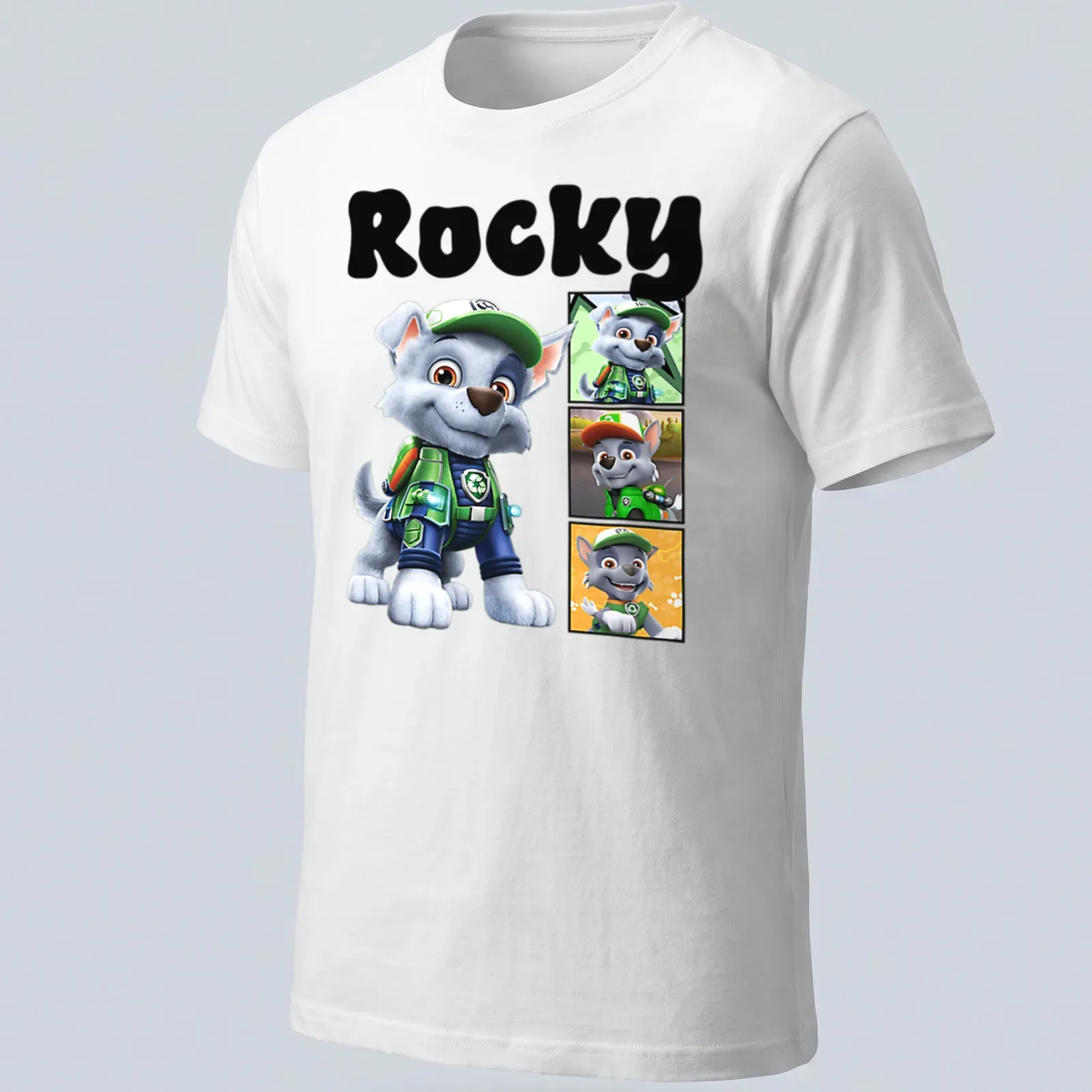 Cartoon design of Rocky from Paw Patrol in gray, green, blue, and orange — printed on a unisex t-shirt