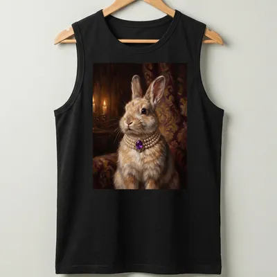 Realistic print of a bunny with a purple amethyst necklace against a soft background — printed on a tank top
