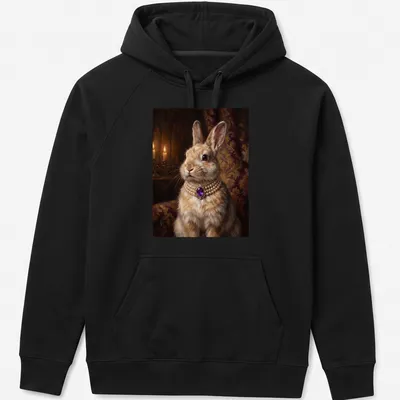 Realistic print of a bunny with a purple amethyst necklace against a soft background — printed on a unisex hoodie