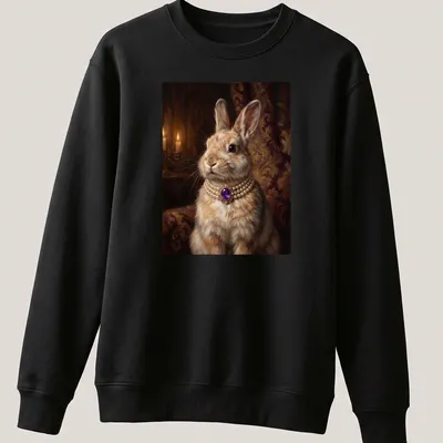 Realistic print of a bunny with a purple amethyst necklace against a soft background — printed on a unisex sweatshirt