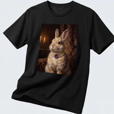 Realistic print of a bunny with a purple amethyst necklace against a soft background