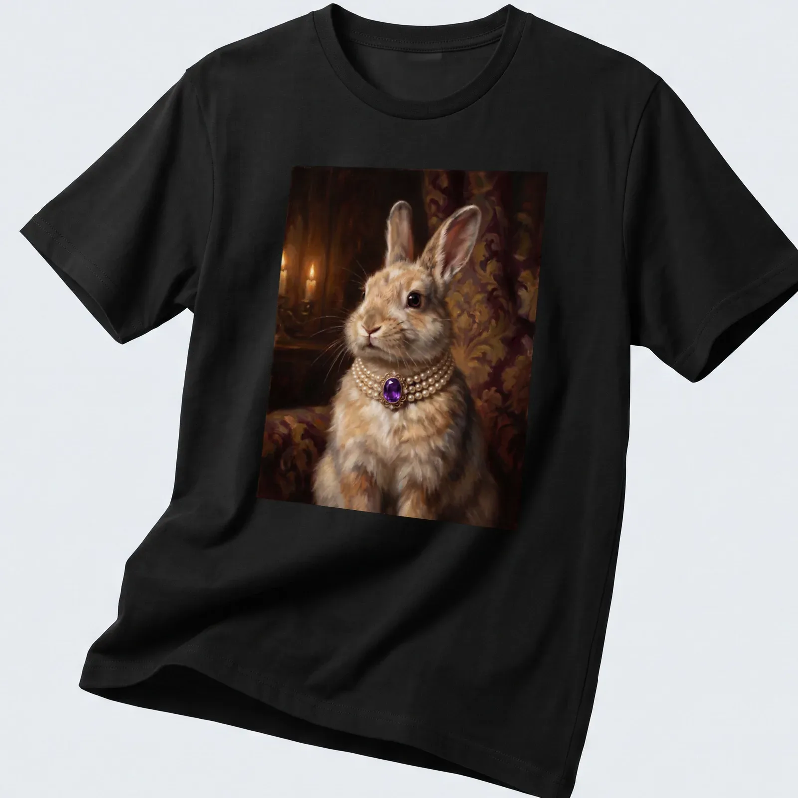 Realistic print of a bunny with a purple amethyst necklace against a soft background — printed on a unisex t-shirt