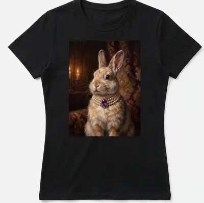 Realistic print of a bunny with a purple amethyst necklace against a soft background — printed on a women's shirt
