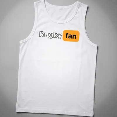 Bold modern Rugby Fan t-shirt featuring black, orange, and white text — printed on a tank top