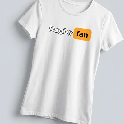 Bold modern Rugby Fan t-shirt featuring black, orange, and white text — printed on a women's shirt