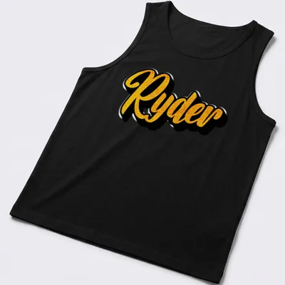 Personalized boys T-shirt with bold yellow script reading 'Ryder' on black — printed on a tank top