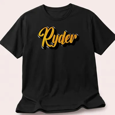 Personalized boys T-shirt with bold yellow script reading 'Ryder' on black