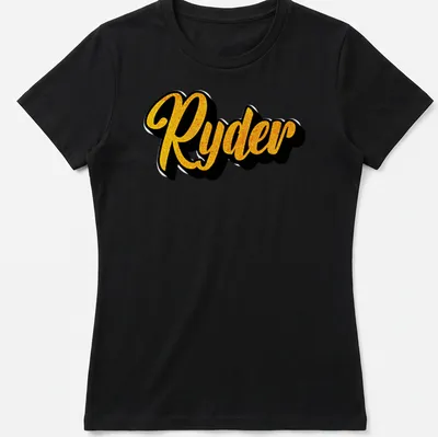 Personalized boys T-shirt with bold yellow script reading 'Ryder' on black — printed on a women's shirt