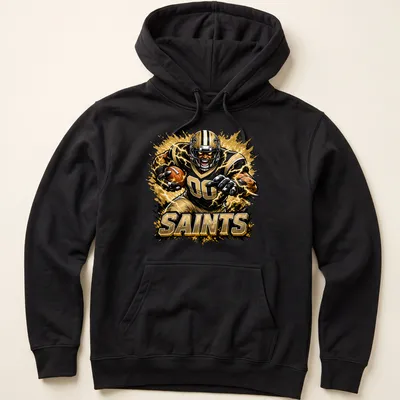 Dynamic comic-style illustration of a football player running with a ball in Saints colors — printed on a unisex hoodie
