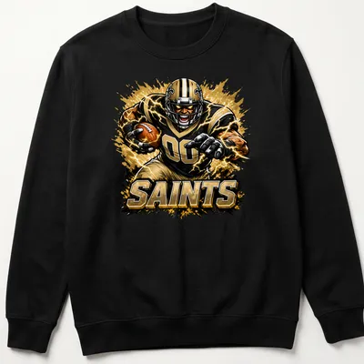 Dynamic comic-style illustration of a football player running with a ball in Saints colors — printed on a unisex sweatshirt