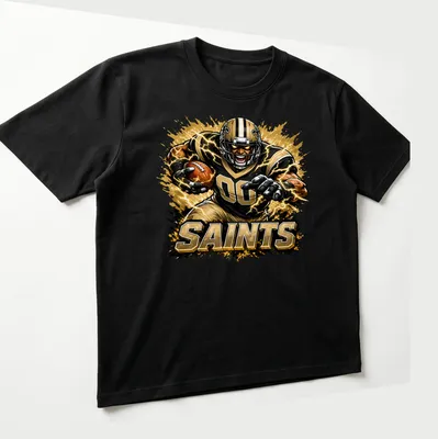 Dynamic comic-style illustration of a football player running with a ball in Saints colors — printed on a unisex t-shirt (angled view)