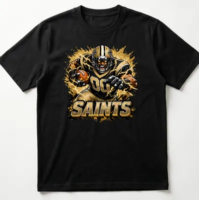 Dynamic comic-style illustration of a football player running with a ball in Saints colors — printed on a unisex t-shirt