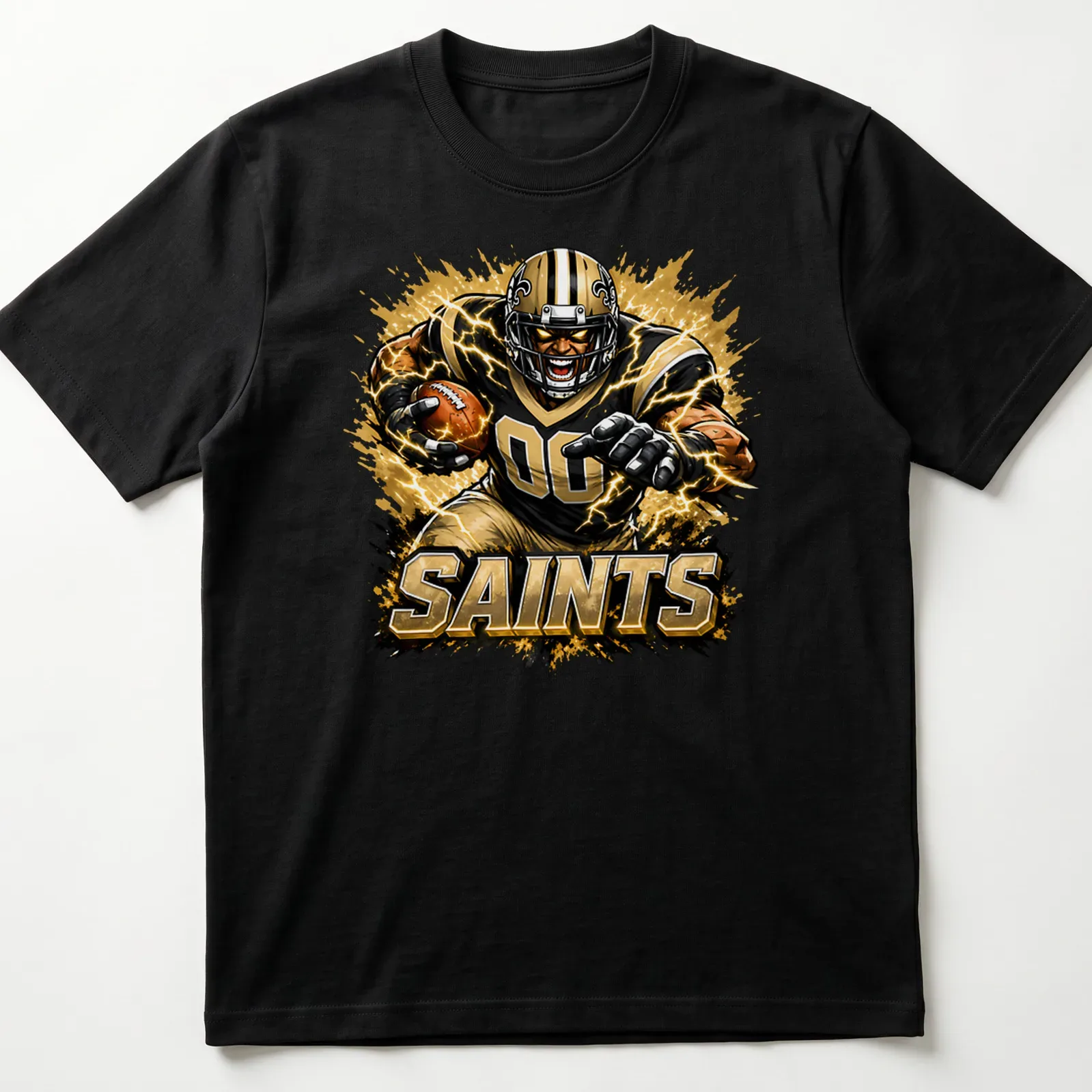 Dynamic comic-style illustration of a football player running with a ball in Saints colors — printed on a unisex t-shirt