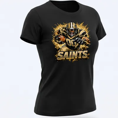Dynamic comic-style illustration of a football player running with a ball in Saints colors — printed on a women's shirt