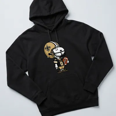 Snoopy in New Orleans Saints uniform with bold 'SAINTS' lettering — printed on a unisex hoodie