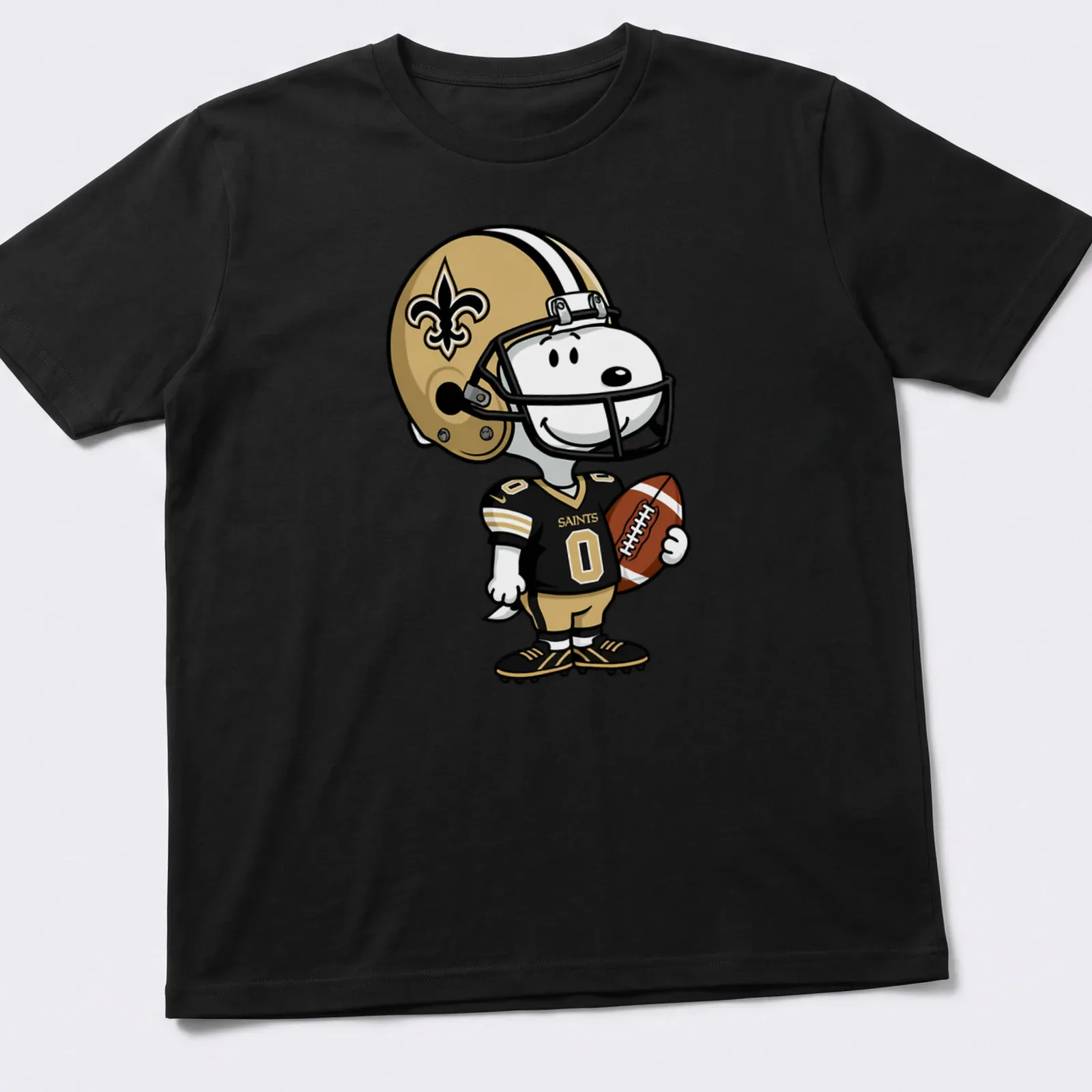 Snoopy in New Orleans Saints uniform with bold 'SAINTS' lettering — printed on a unisex t-shirt