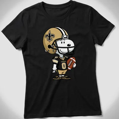 Snoopy in New Orleans Saints uniform with bold 'SAINTS' lettering — printed on a women's shirt