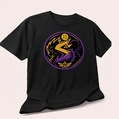 Bold graphic of a dragon and warrior with Saiyzillian logo in vibrant colors — printed on a unisex t-shirt (angled view)