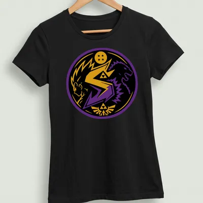 Bold graphic of a dragon and warrior with Saiyzillian logo in vibrant colors — printed on a women's shirt