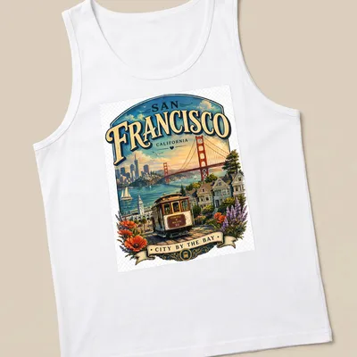 Vintage illustration of San Francisco cityscape with cable car and colorful lettering — printed on a tank top