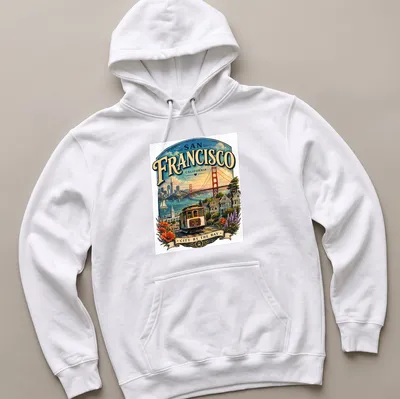 Vintage illustration of San Francisco cityscape with cable car and colorful lettering — printed on a unisex hoodie