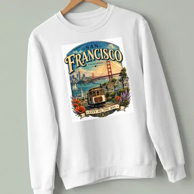 Vintage illustration of San Francisco cityscape with cable car and colorful lettering — printed on a unisex sweatshirt