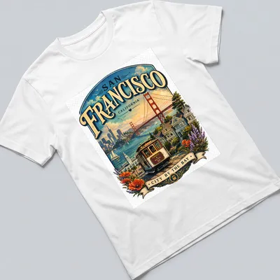 Vintage illustration of San Francisco cityscape with cable car and colorful lettering