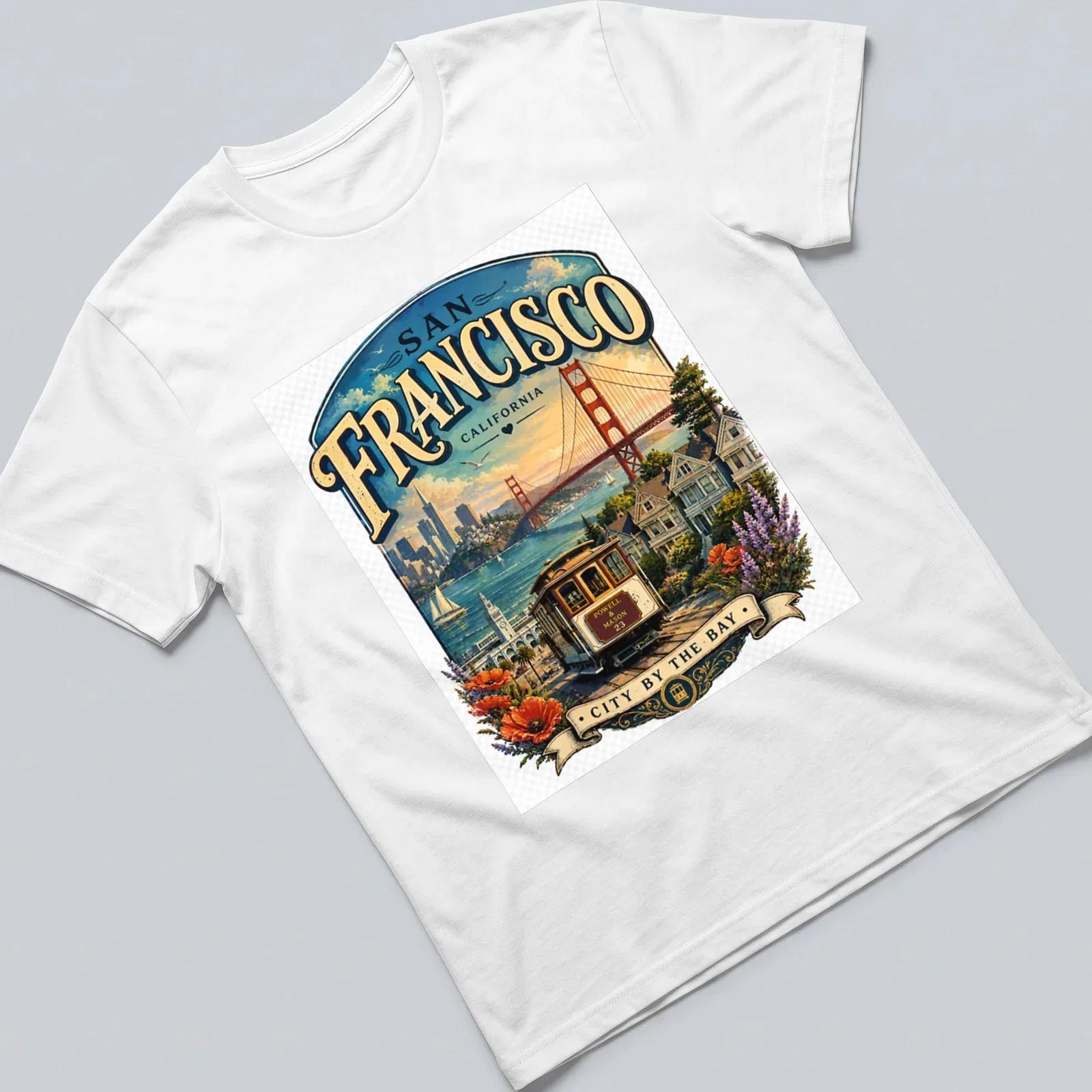 Vintage illustration of San Francisco cityscape with cable car and colorful lettering — printed on a unisex t-shirt
