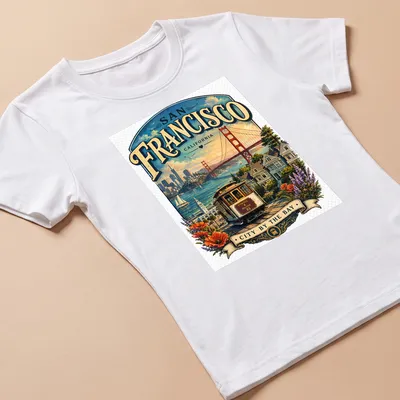 Vintage illustration of San Francisco cityscape with cable car and colorful lettering — printed on a women's shirt