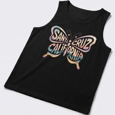 Vintage beach-themed t-shirt featuring a butterfly and Santa Cruz California text — printed on a tank top