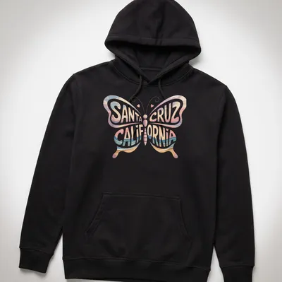 Vintage beach-themed t-shirt featuring a butterfly and Santa Cruz California text — printed on a unisex hoodie