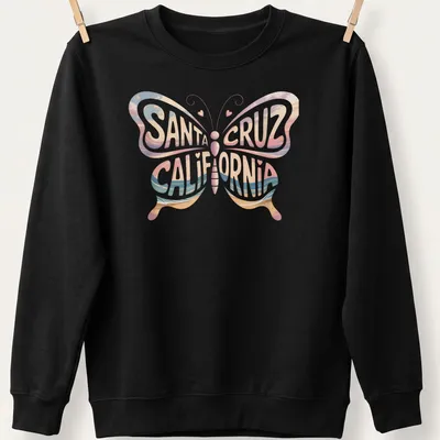 Vintage beach-themed t-shirt featuring a butterfly and Santa Cruz California text — printed on a unisex sweatshirt