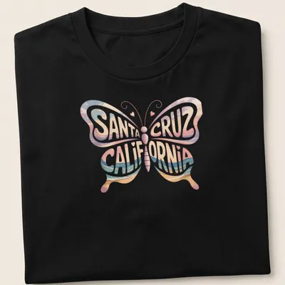Vintage beach-themed t-shirt featuring a butterfly and Santa Cruz California text — printed on a unisex t-shirt