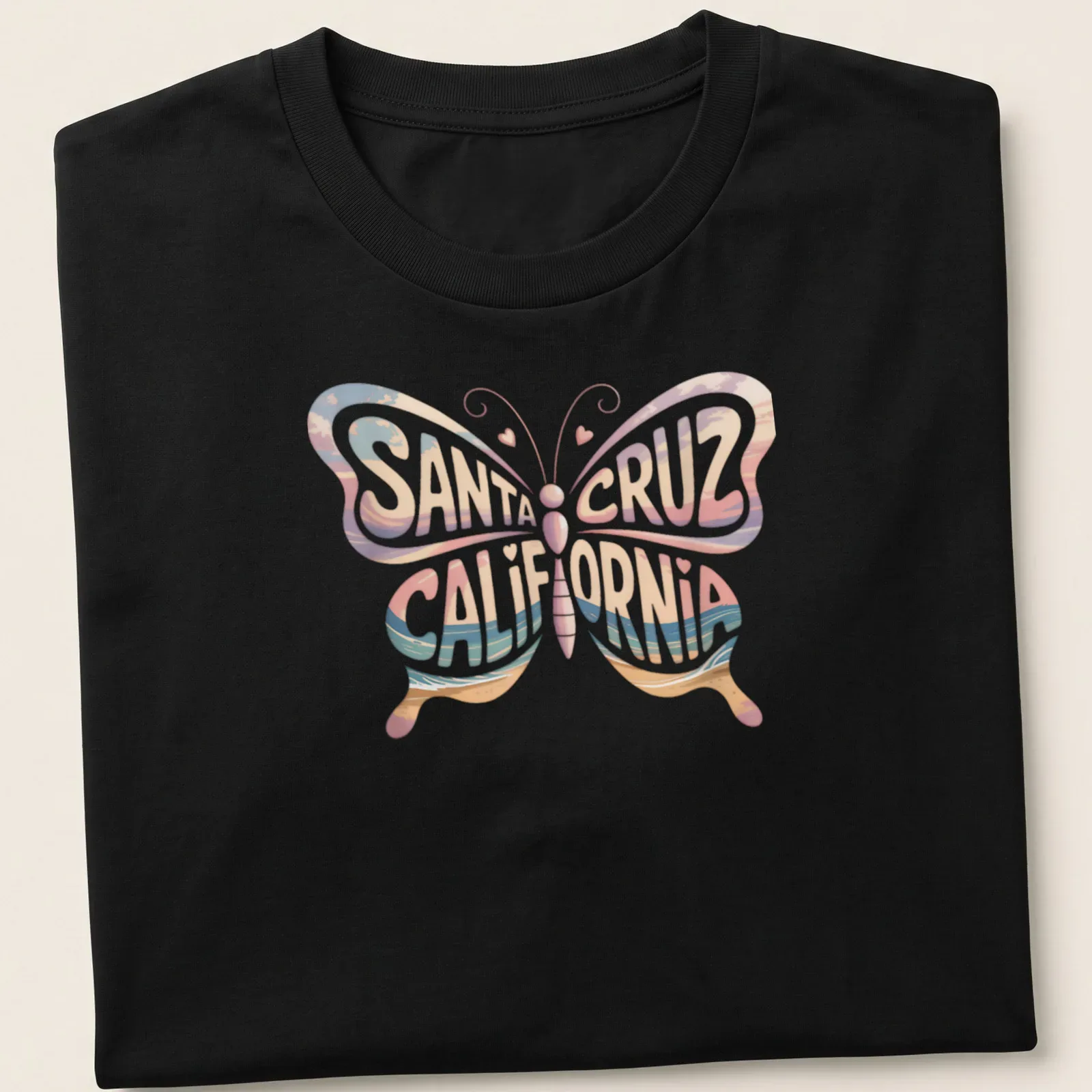 Vintage beach-themed t-shirt featuring a butterfly and Santa Cruz California text — printed on a unisex t-shirt