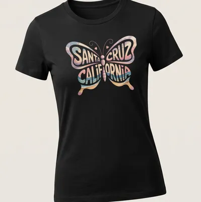 Vintage beach-themed t-shirt featuring a butterfly and Santa Cruz California text — printed on a women's shirt
