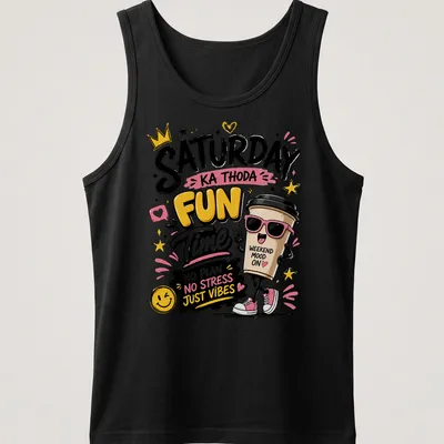 Kawaii cartoon coffee cup with playful weekend vibes text in bright colors — printed on a tank top